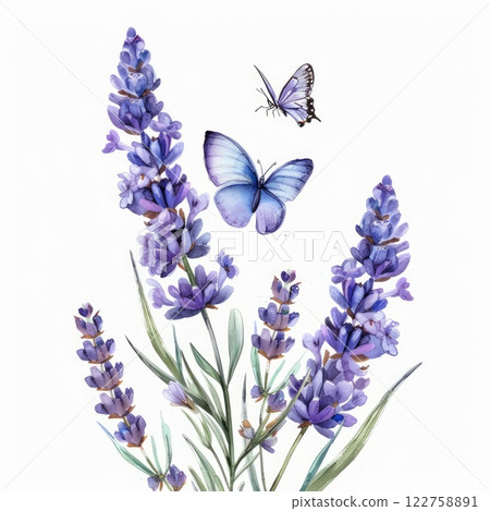 Branch of lavender against the backdrop of a soft purple sunset sunlight 122758891