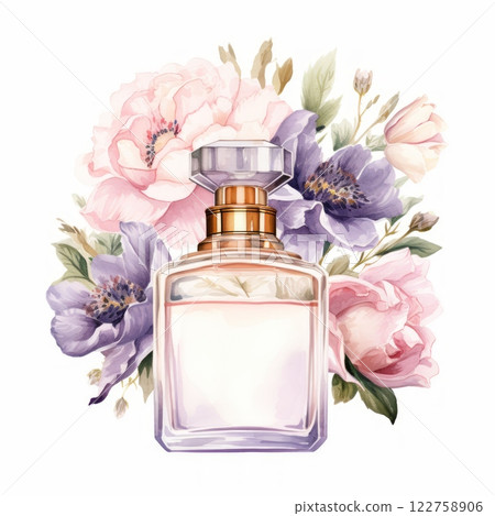 Watercolor perfume bottle with flowers 122758906
