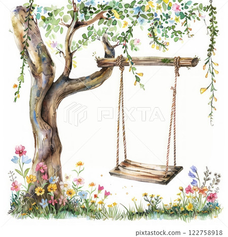A Rustic Wooden Swing Gently Hanging from a Tree Surrounded by Lush Green Leaves Creating a Serene Atmosphere 122758918