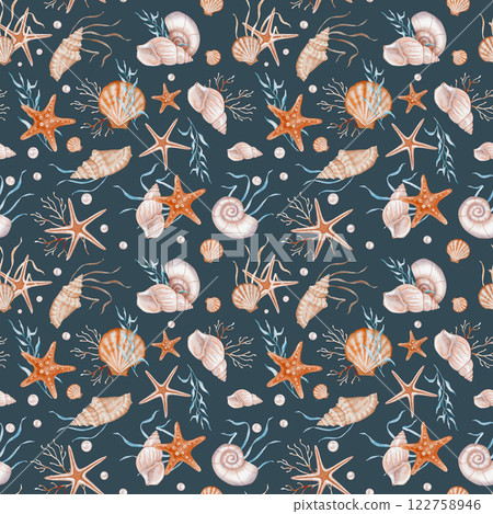 Seashell and Pearls Pattern on isolated background. Hand drawn vintage watercolor seamless ornament with Sea Shells and stars for wrapping paper or textile in nautical style. Seashell and Pearls Pattern on isolated background. Hand drawn vintage watercolor seamless ornament with Sea Shells and stars for wrapping paper or textile in nautical style. 122758946