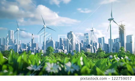 A Sustainable Urban Landscape with Wind Turbines and Greenery to boost ecological balance and livability 122759057