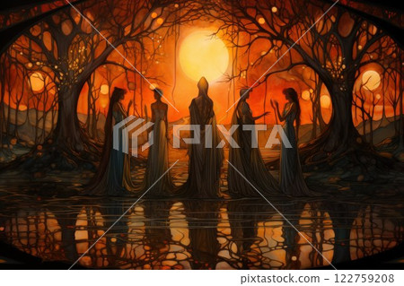 Vengeful banshees, their mournful cries echoing through haunted forests - Generative AI 122759208