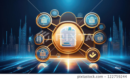 glowing ledger showcasing executed smart contracts, surrounded by golden blockchain symbols, represents innovation in digital finance and security glowing ledger showcasing executed smart contracts, surrounded by golden blockchain symbols, represents innovation in digital finance and security 122759244