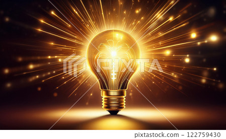 glowing light bulb icon radiating golden sparks and trails of light, symbolizing creativity and inspiration in dark background 122759430