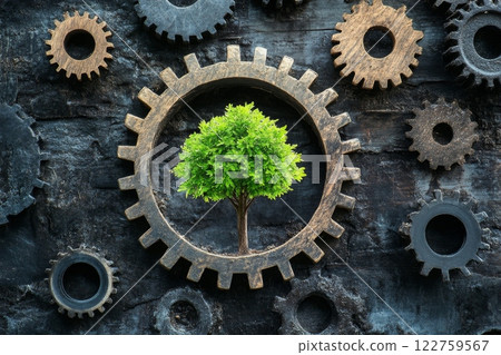 The concept of Nature Meets Industry beautifully illustrates a green tree intermingling with gears and machinery 122759567
