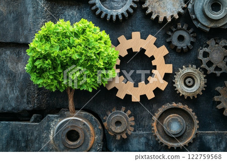 The concept of Nature Meets Industry beautifully illustrates a green tree intermingling with gears and machinery 122759568