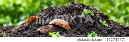 Close-up of compost heap with rich soil, natural recycling, backyard gardening, 122759571
