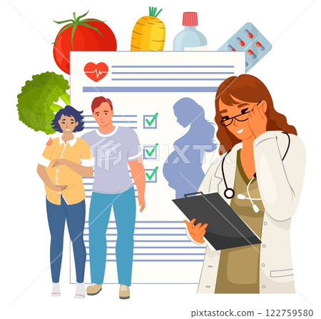A couple seeks guidance from a healthcare provider regarding pregnancy treatment and nutrition. They discuss various healthy food choices such as vegetables and fruits 122759580