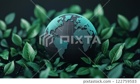 An EcoFriendly Earth Globe Beautifully Surrounded by Lush Green Leaves Represents Our Planets Vitality 122759583