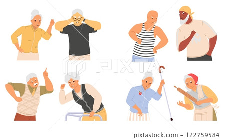 Two groups of older men display exaggerated emotions and gestures, conveying tension and disagreement in a lighthearted, cartoonish style that captures their vibrant personalities Two groups of older men display exaggerated emotions and gestures, conveying tension and disagreement in a lighthearted, cartoonish style that captures their vibrant personalities 122759584