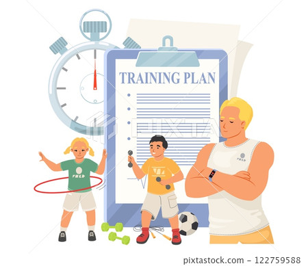 A youth sports coach organizes a training plan while kids participate in various activities such as hula hooping and practicing with a ball 122759588