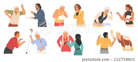 Tensions unfold as family members engage in heated discussions, highlighting generational differences and misunderstandings among various age groups in a communal setting Tensions unfold as family members engage in heated discussions, highlighting generational differences and misunderstandings among various age groups in a communal setting 122759603