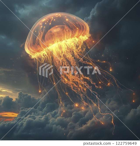 A glowing jellyfish-like creature floating in the clouds, its tentacles trailing magical sparks, surreal fantasy A glowing jellyfish-like creature floating in the clouds, its tentacles trailing magical sparks, surreal fantasy 122759649
