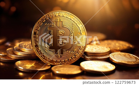 close up of gold Bitcoin surrounded by scattered coins, illuminated by warm light, showcasing intricate designs and reflecting sense of value and innovation 122759673