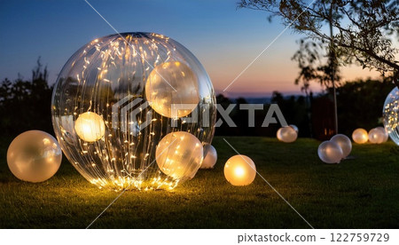 dreamy outdoor setup featuring transparent balloons filled with LED lights, creating cozy glow in evening. Perfect for gatherings and celebrations 122759729