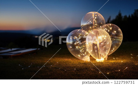 dreamy outdoor setup with transparent balloons filled with LED lights, creating cozy glow in evening sky. Perfect for celebrations and gatherings 122759731