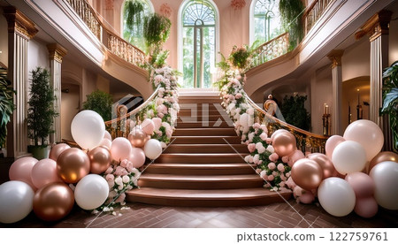 luxurious display of rose gold and white balloons cascading down grand staircase, surrounded by elegant floral arrangements, creating stunning atmosphere for celebrations 122759761
