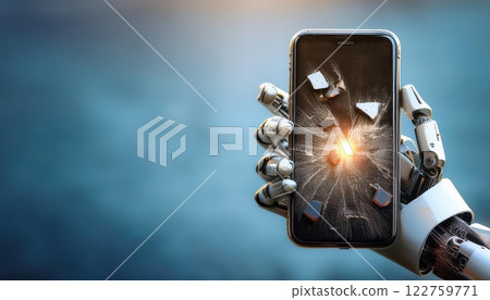 robotic hand holding crushed smartphone symbolizes increasing problem of technology and its impact on daily life. image evokes sense of urgency and concern 122759771
