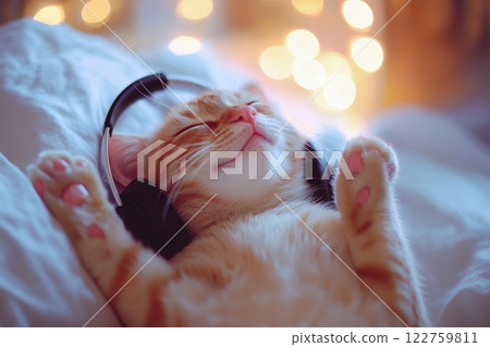 A Relaxed Cat is Enjoying Listening to Music with Headphones on a Beautifully Textured Background Scene A Relaxed Cat is Enjoying Listening to Music with Headphones on a Beautifully Textured Background Scene 122759811