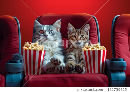 Have a fun movie night out with your furry friends, watching movies with popcorn and 3D glasses in cinema seats 122759815