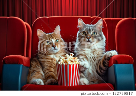 Have a fun movie night out with your furry friends, watching movies with popcorn and 3D glasses in cinema seats 122759817
