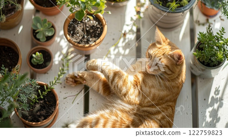 cat gardener with white messy potting table cat gardener with white messy potting table 122759823