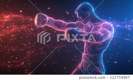 Dynamic boxer in glowing wireframe showcasing strength and agility 122759967
