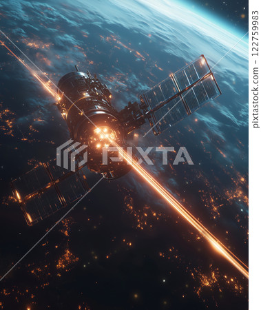 Futuristic quantum satellite orbits Earth illuminating the night sky 122759983