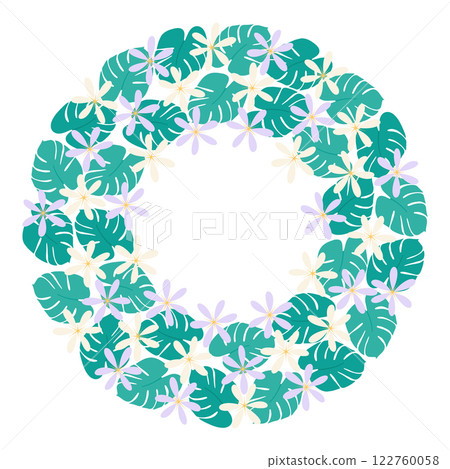 Abstract tropical flowers and Monstera leaves Circular Frame border Exotic Plant Copy space Template 122760058