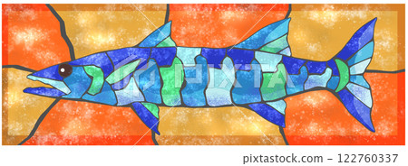 A lovely tile cutout illustration of a saltwater fish, barracuda, with background A lovely tile cutout illustration of a saltwater fish, barracuda, with background 122760337