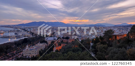 Panoramic sunset view of Malaga from Mirador de la Coracha, Spain 122760345