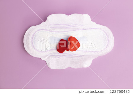 Menstruation and critical days. Gasket for menstruation on which there are two hearts in the form of blood drops 122760485