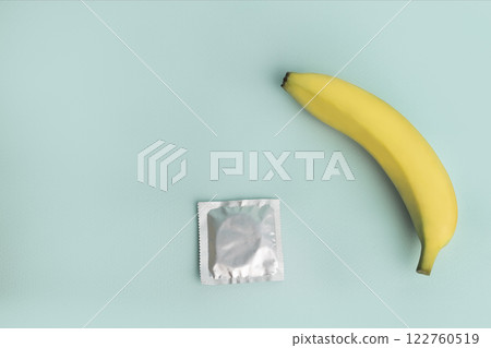 Sex education and safe sex. Banana and condom concept of the penis in contraception 122760519
