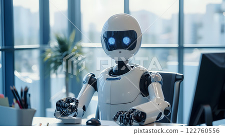 Futuristic Robot is Working on Laptop in a Modern Office Environment, generative ai Futuristic Robot is Working on Laptop in a Modern Office Environment, generative ai 122760556