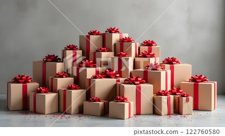 pile of wrapped christmas gifts on blue background, generative ai 122760580