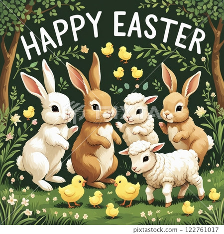 Cute Easter bunnies with decorated egg on floral background.  122761017