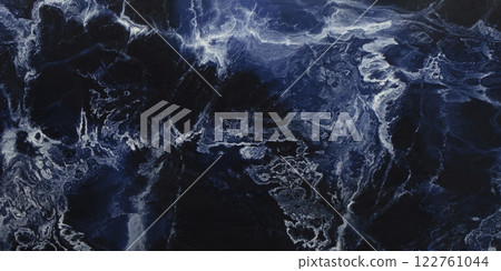 Dark blue background with marble texture. Background is made of blue marble. Marble tiles with streaks. Granite marble. 122761044