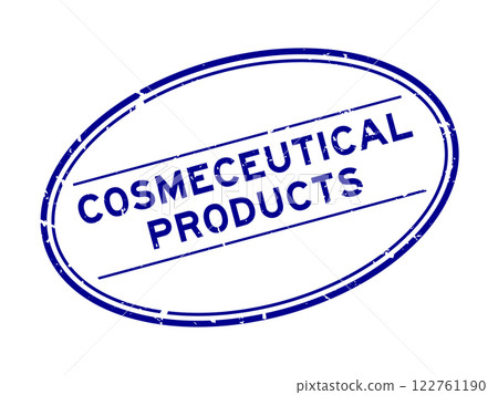 Grunge blue cosmeceutical products word oval rubber stamp in white background 122761190