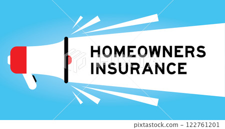 Color megaphone icon with word homeowners insurance in white banner on blue background Color megaphone icon with word homeowners insurance in white banner on blue background 122761201