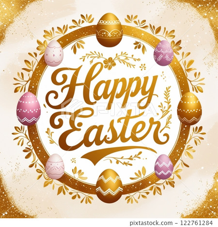 Happy Easter text with colorful decorated eggs 122761284