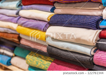 Colorful shawls in a workshop and market in Medina. Fez. 122761344