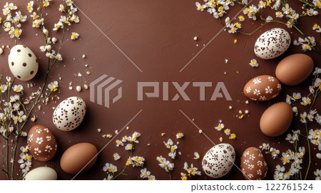 Easter holiday celebration banner with eggs boho style brown color, generated AI Easter holiday celebration banner with eggs boho style brown color, generated AI 122761524