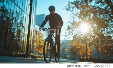 Eco friendly, businesswoman ride bicycle in downtown to reduce carbon footprint. Cycling alternative transport commuting to green energy, generated AI 122761576