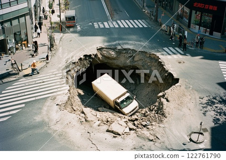 Truck falls into collapsed road 122761790