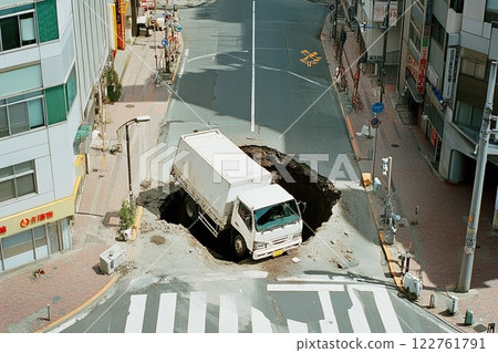 Truck falls into collapsed road 122761791
