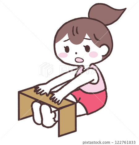 Diagonal illustration of a woman who cannot do forward bending with a box Diagonal illustration of a woman who cannot do forward bending with a box 122761833