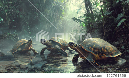 Three turtles in misty rainforest stream 122761866