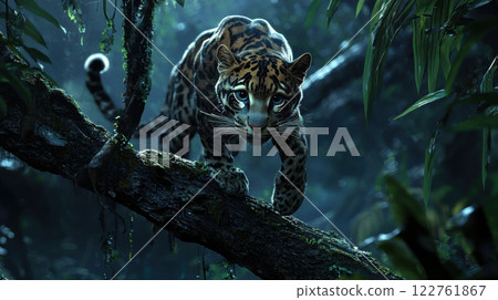 Clouded leopard prowling on mossy tree branch in dense, misty jungle 122761867
