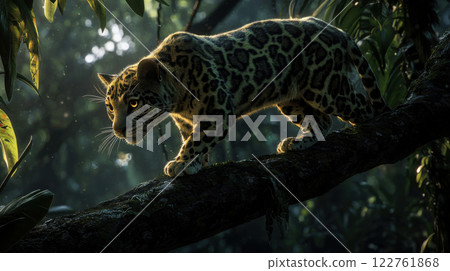leopard prowling on tree branch in lush rainforest, illuminated by soft sunlight 122761868