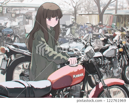 A girl standing in a motorcycle shop | The beauty of vintage motorcycles and winter sunlight 122761969